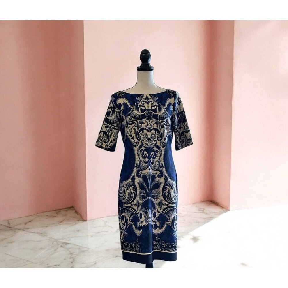 J Taylor Womens Paisley Sheath Dress Size 10 Blue White Print Zipper - Picture 5 of 16